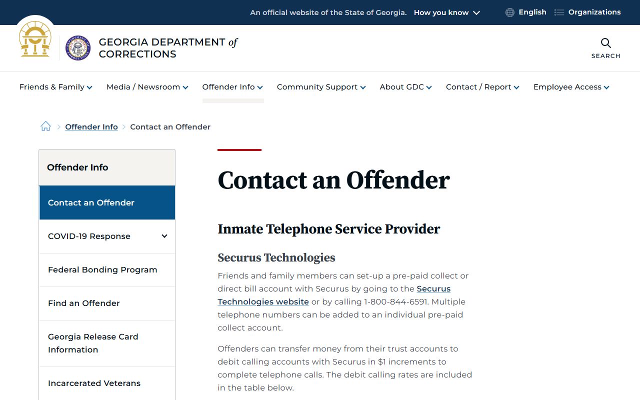 Georgia Department of Corrections offender contact hub for mail visitation phone and money rules