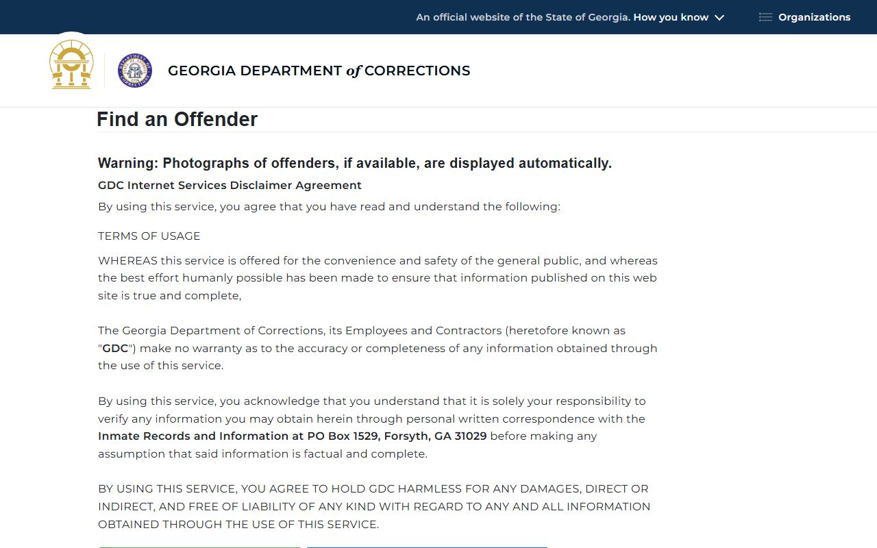 Georgia Department of Corrections offender locator search form